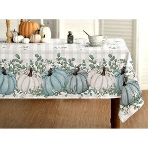 Harvest Pumpkins Fabric Tablecloth 60 x 84-in Blue White Fall Thanksgiving NEW